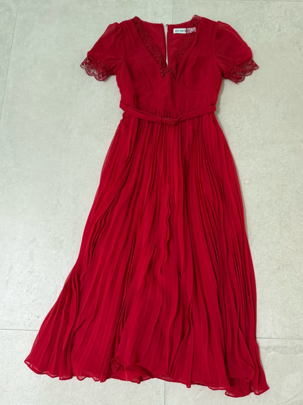 Self-Portrait Vibrant Red Pleated Lace Dress